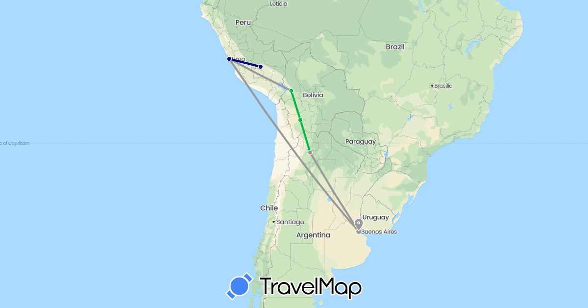 TravelMap itinerary: driving, bus, plane in Argentina, Bolivia, Peru (South America)